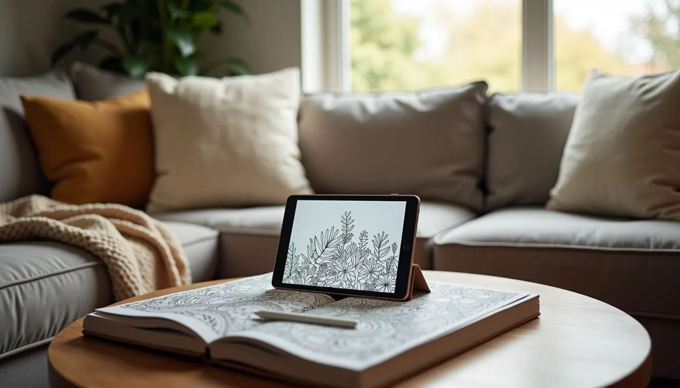 A cozy living room with a digital tablet open to a nature-themed coloring book app.