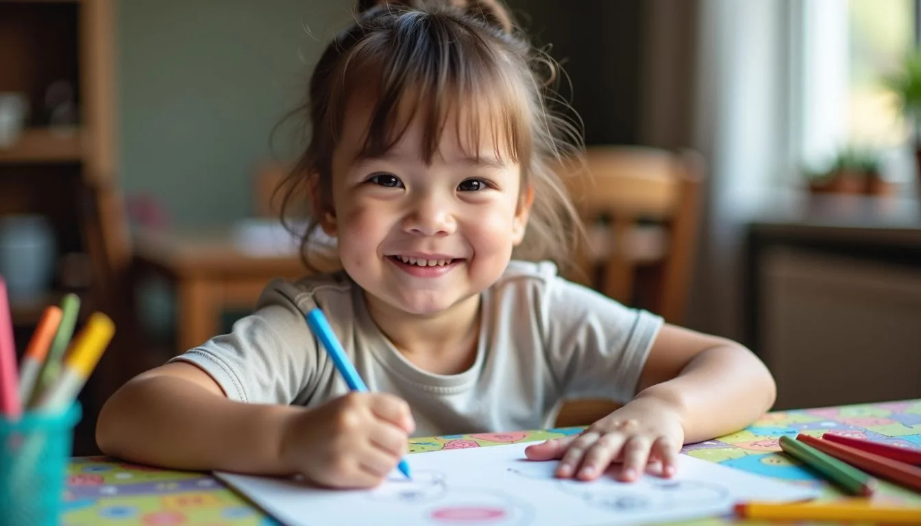 A young child happily coloring at a colorful table in a cozy home.