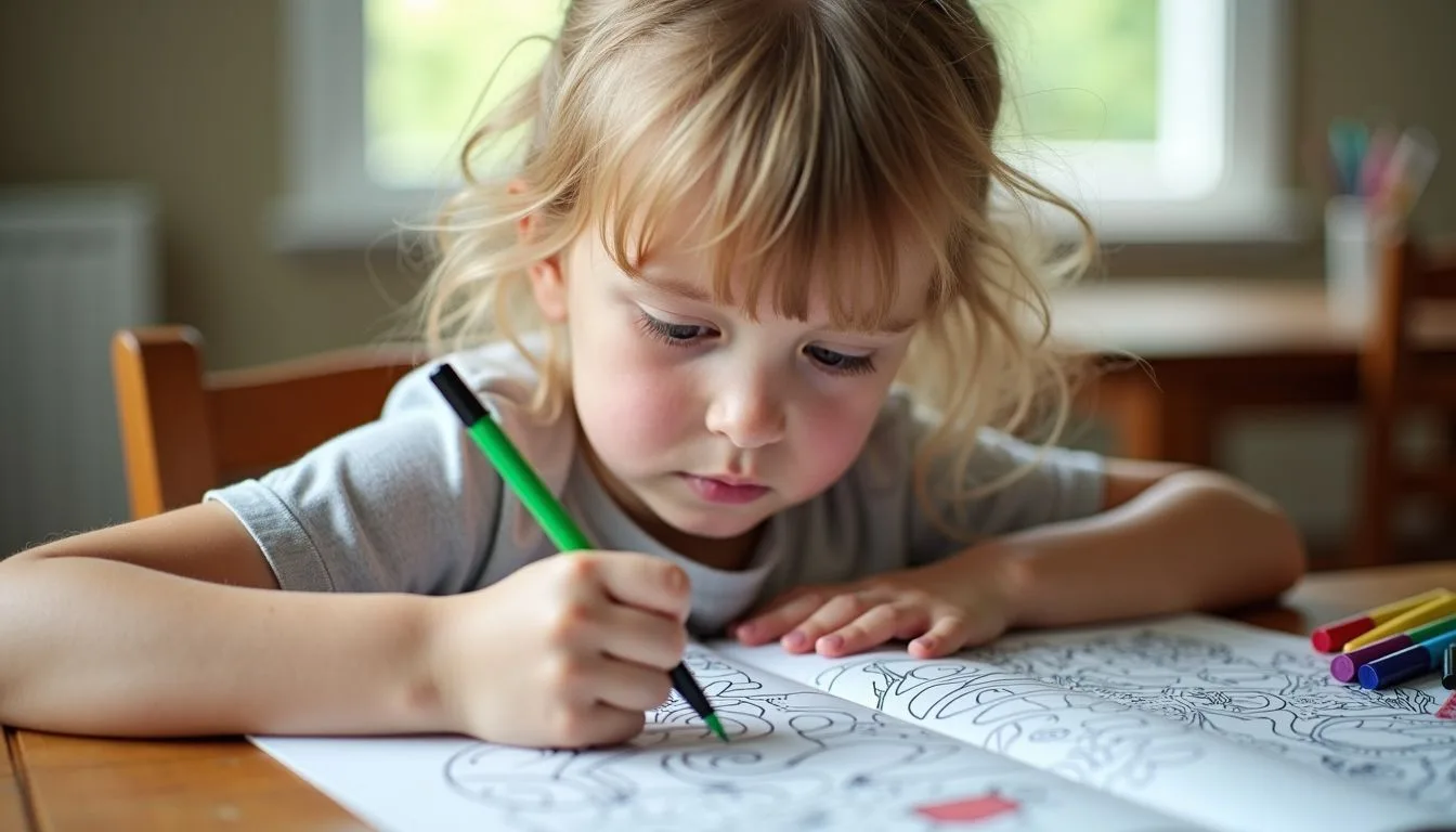 A young child is sitting at a wooden table, engrossed in a coloring book.