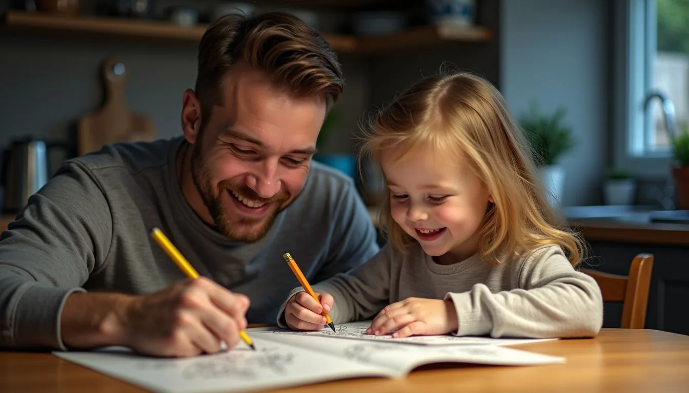 A parent and child happily color together at a kitchen table.