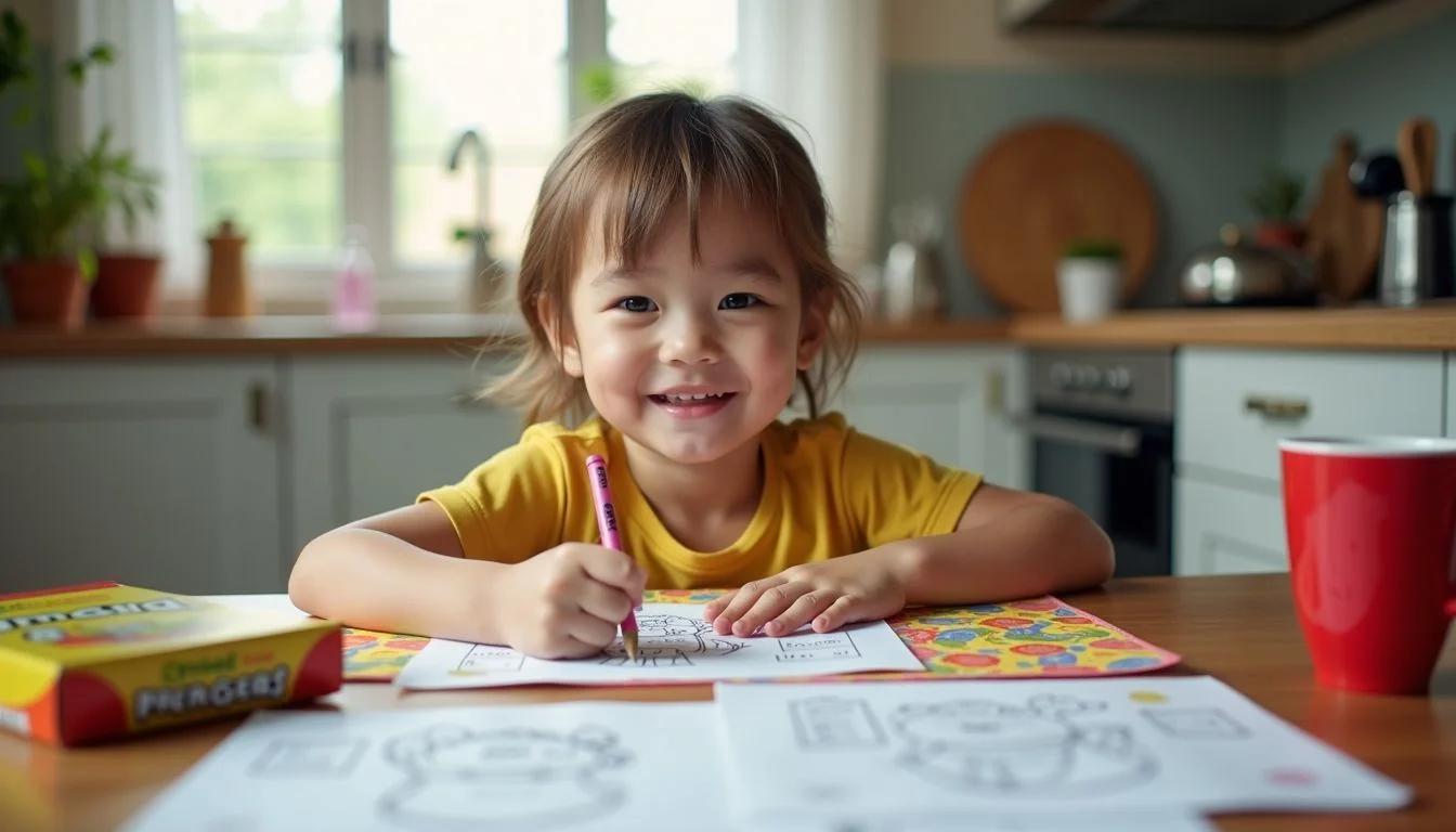 A child happily colors at a breakfast table with worksheets and crayons.
