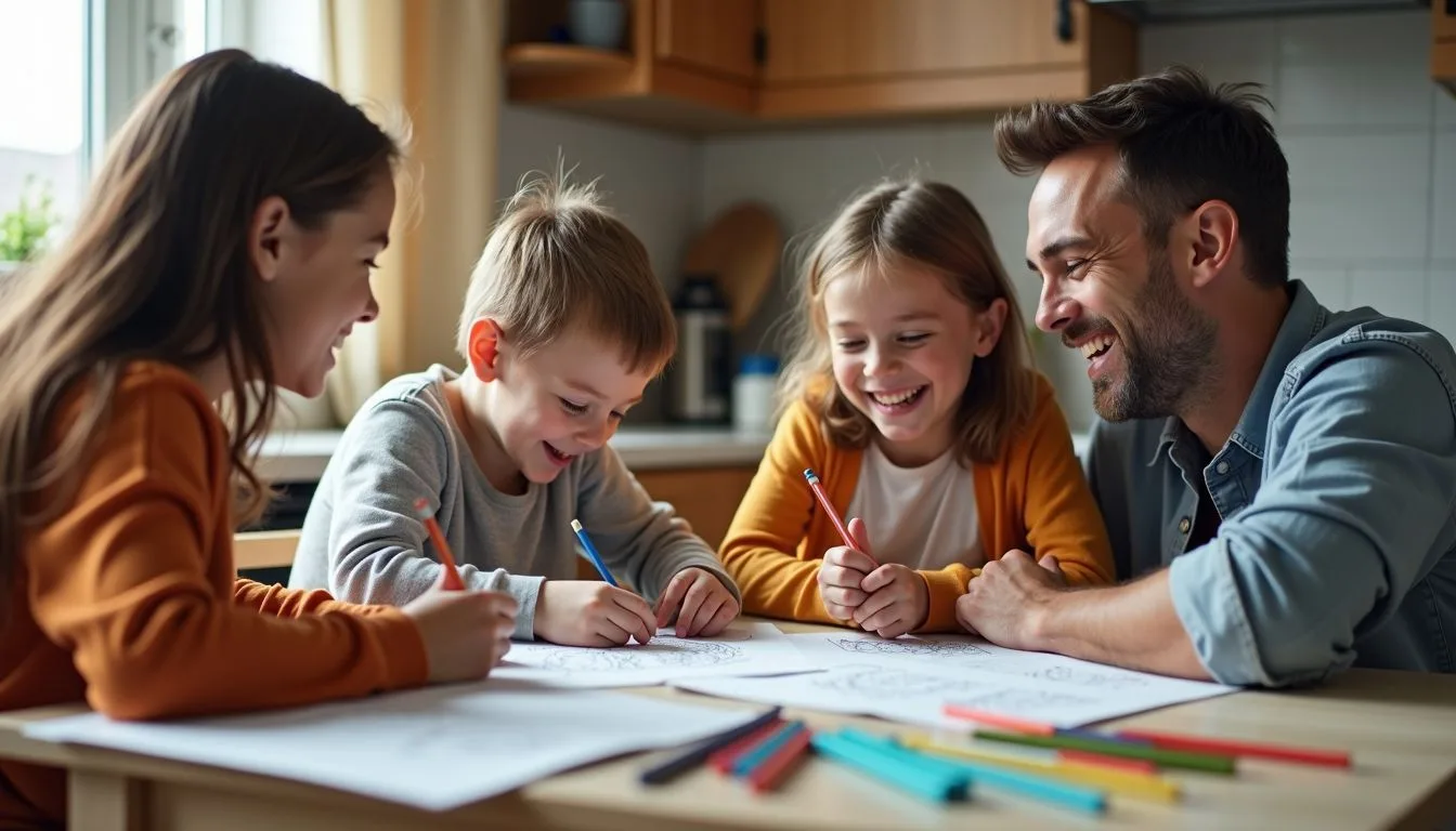 A family enjoys coloring together at the kitchen table, sharing laughter and bonding over simple activities.