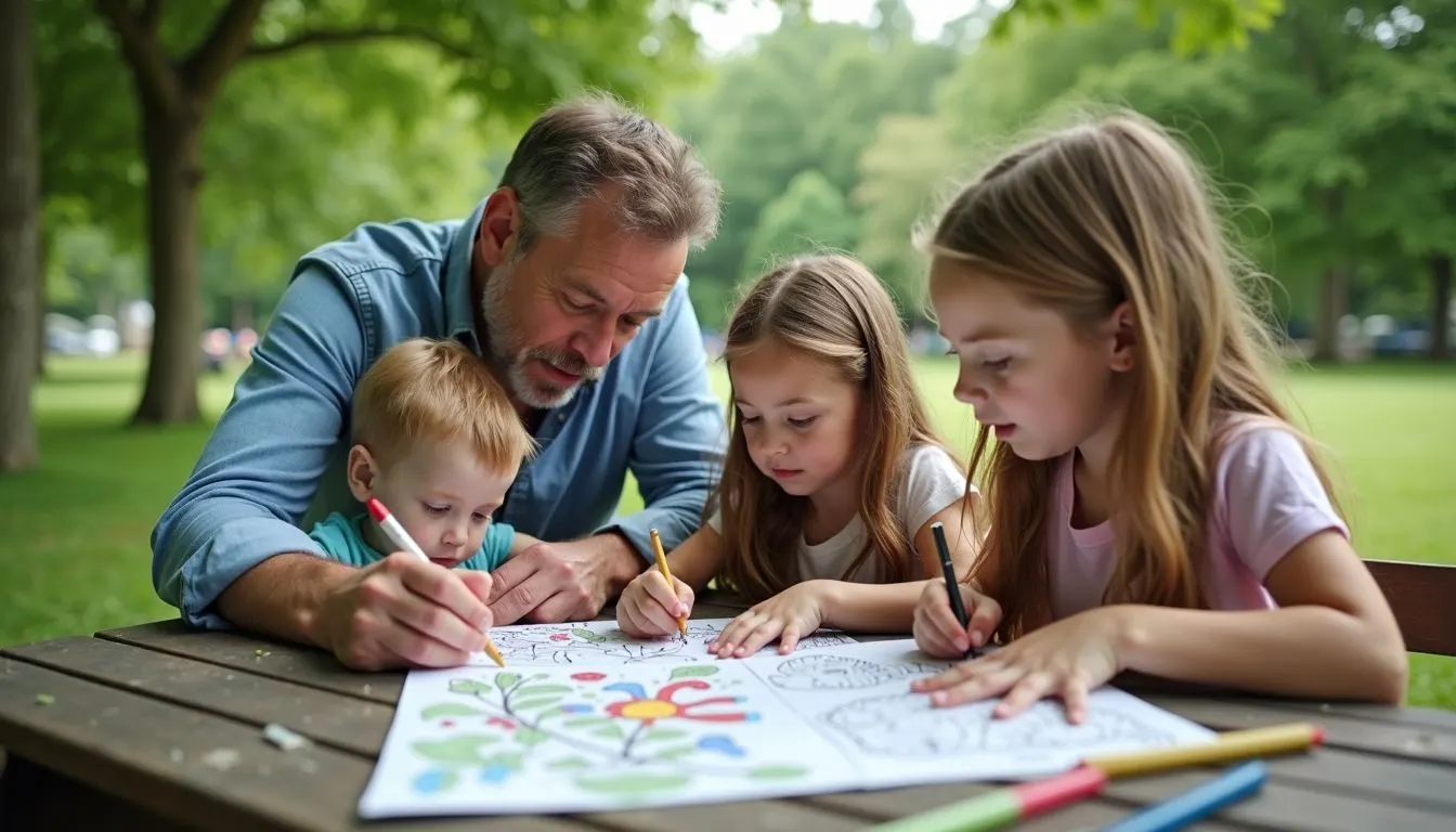 A family of four enjoying a nature-themed coloring activity at a park picnic table.