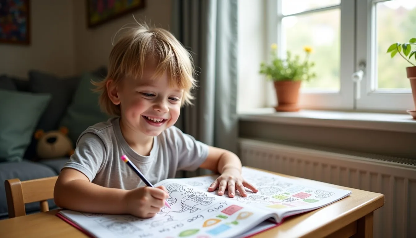 A young child smiling while coloring in a personalized book in a cozy home setting.