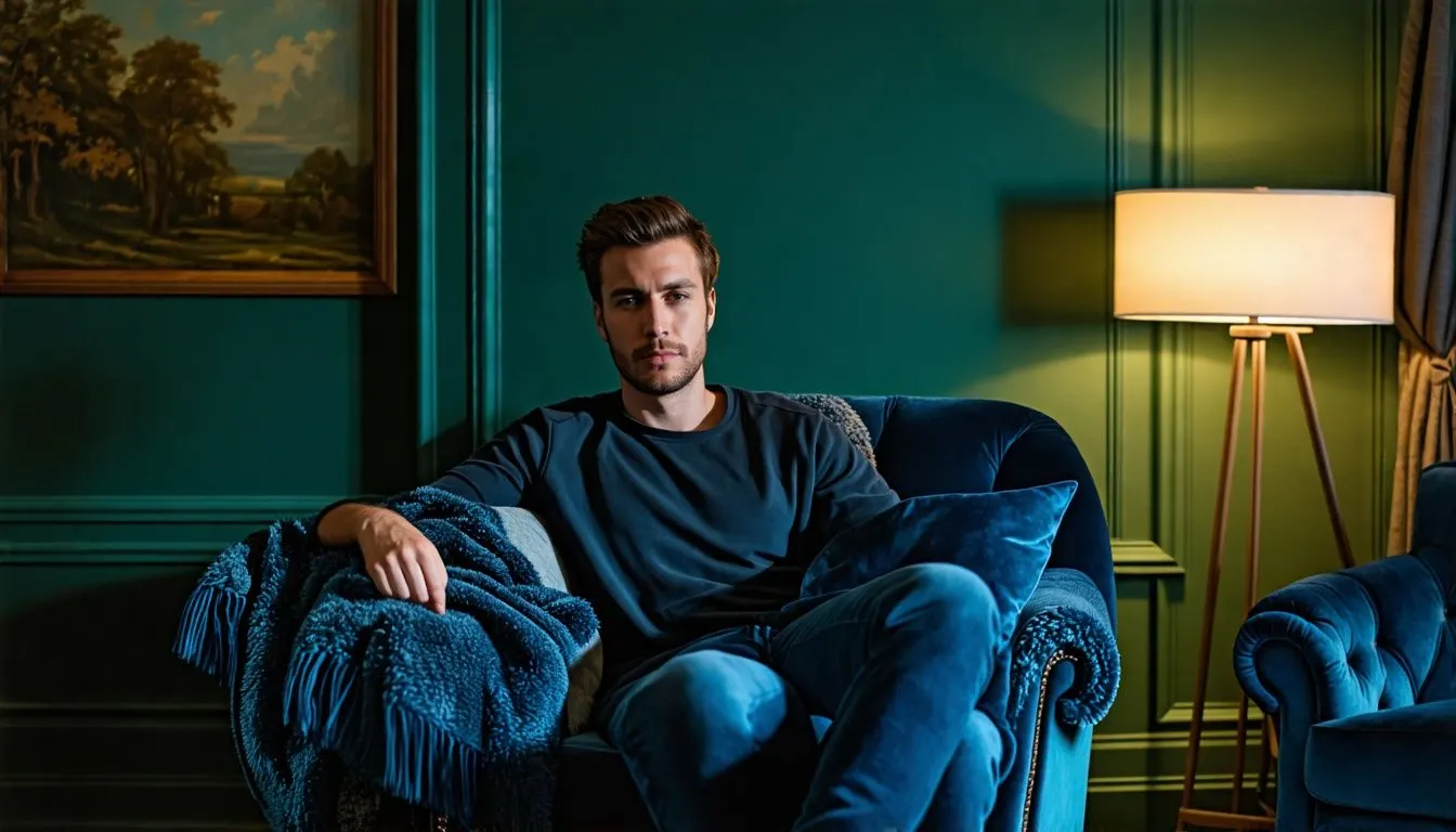 A man sits on a velvet armchair surrounded by blue pillows in a dimly lit room.