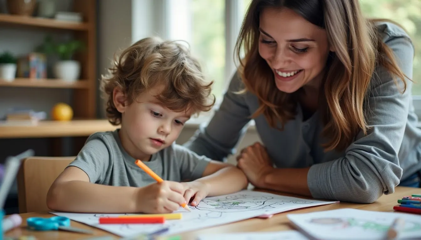 A child coloring at a cluttered table with a smiling parent nearby.