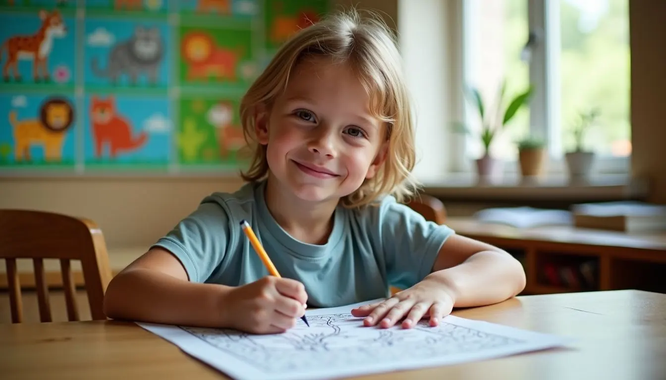 A young child happily colors in a cozy classroom with forest-themed educational posters on the walls.