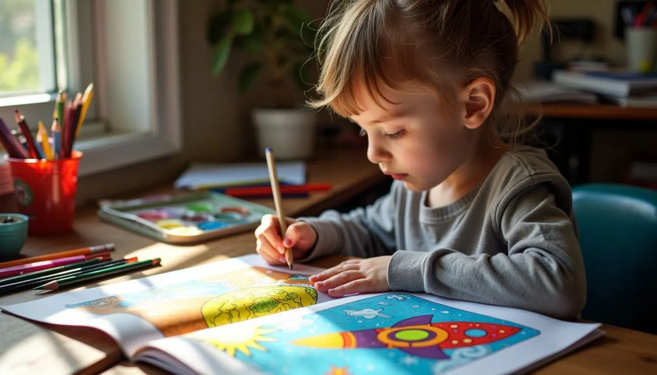 A child coloring in an outer space themed coloring book at a cluttered desk.