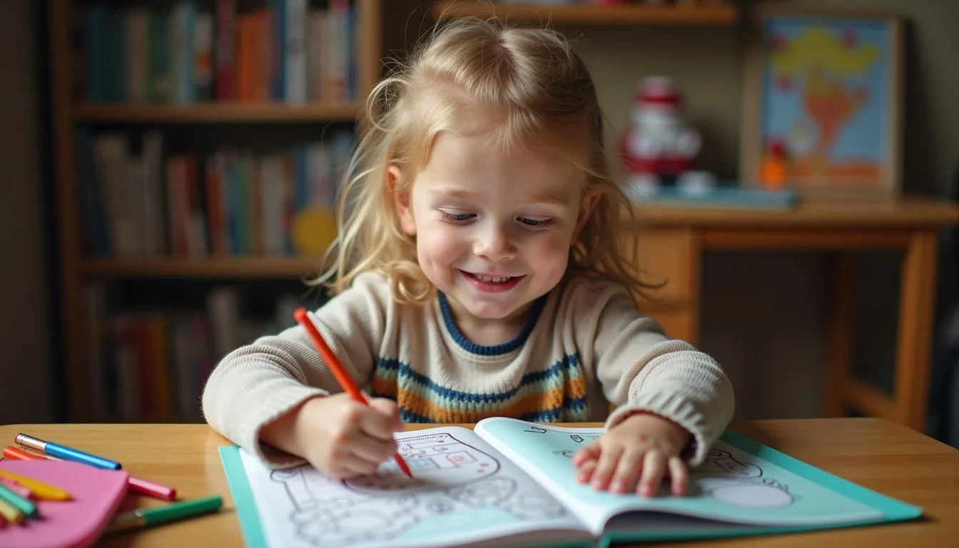 A 5-year-old child sits at a cluttered desk with colorful markers and a coloring book.