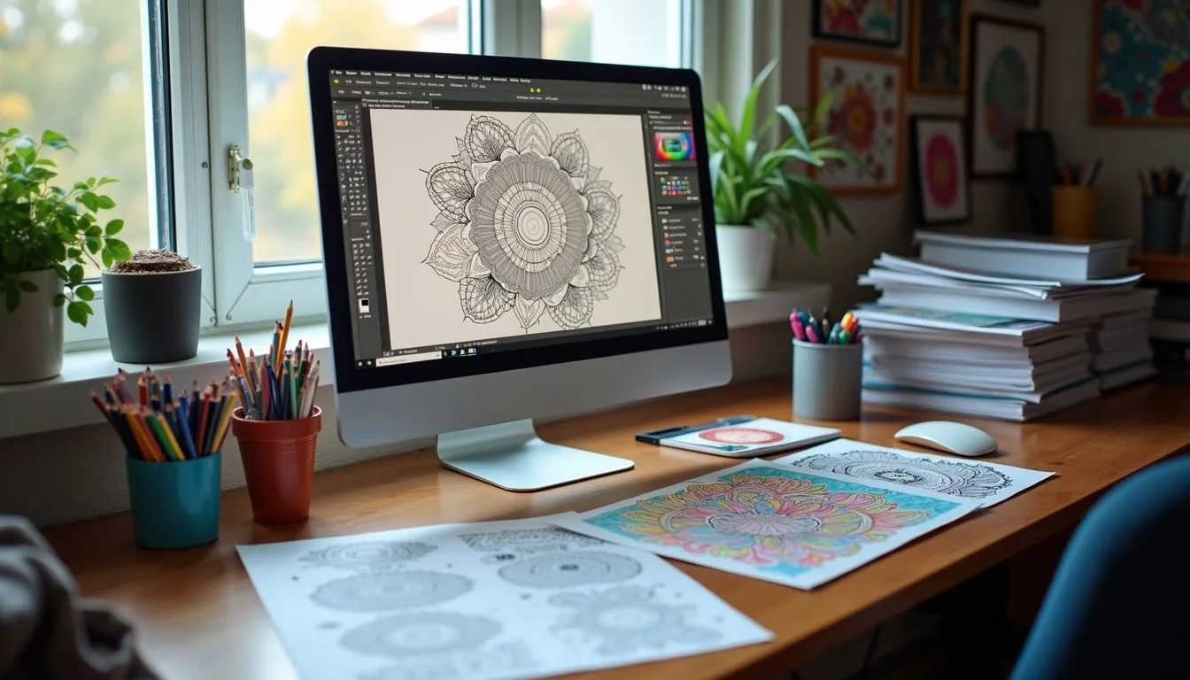 A cluttered desk with design software and colorful samples for creating coloring book pages.