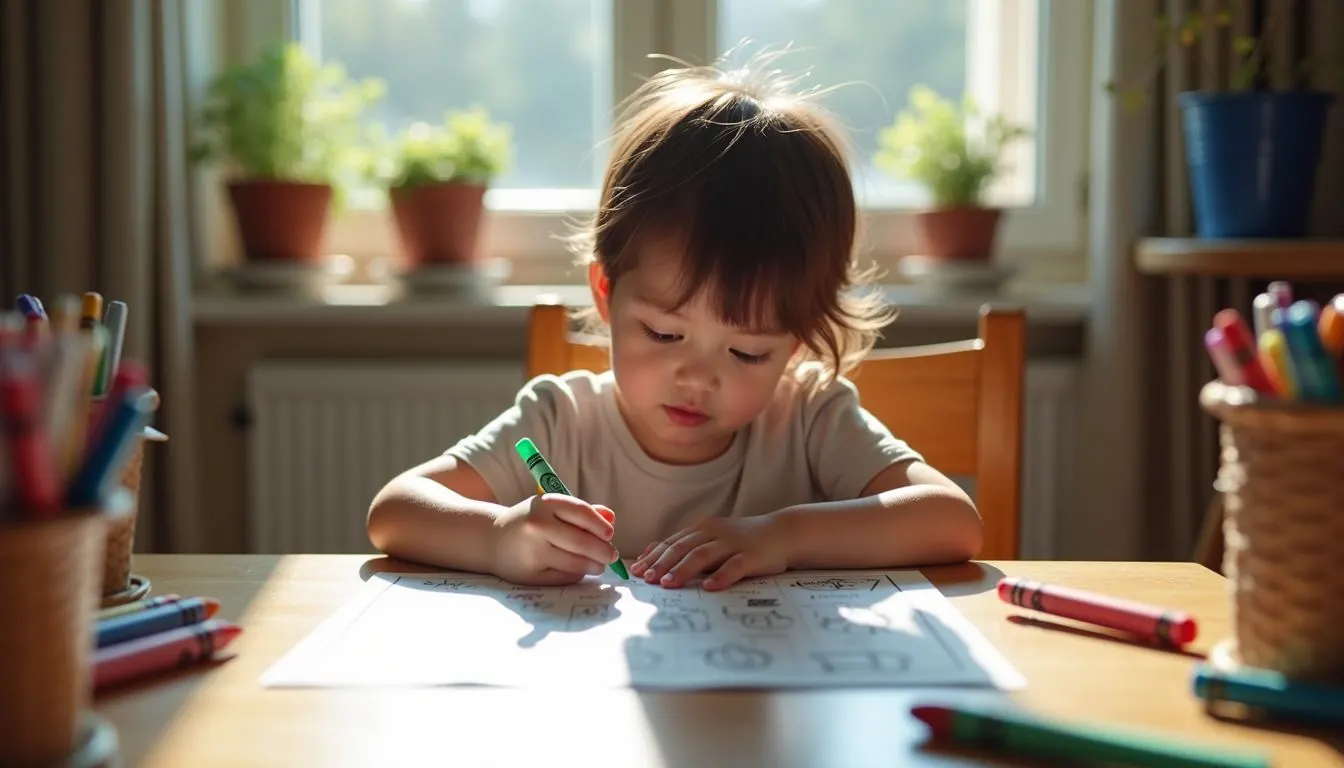 A child sitting at a cluttered desk, coloring in an ABC Animal Coloring Book with crayons and markers.