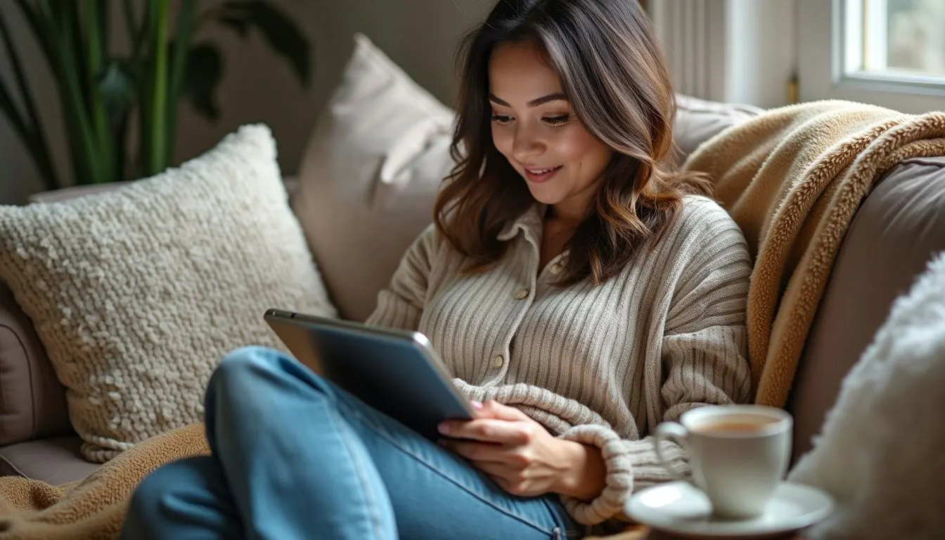 A woman in her 30s sits on a cozy couch, enjoying a digital coloring book on her tablet.