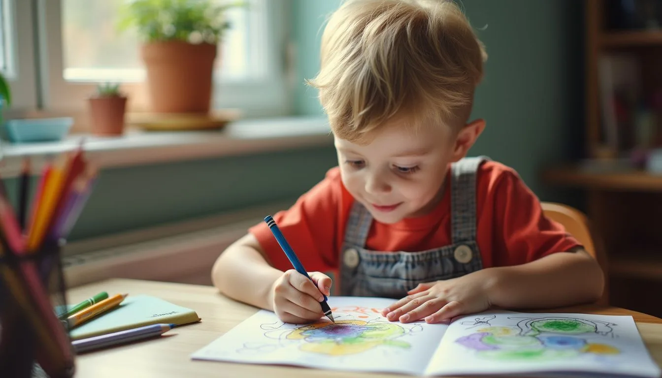A 4-year-old child is focused on coloring in a bright coloring book at a simple home desk.