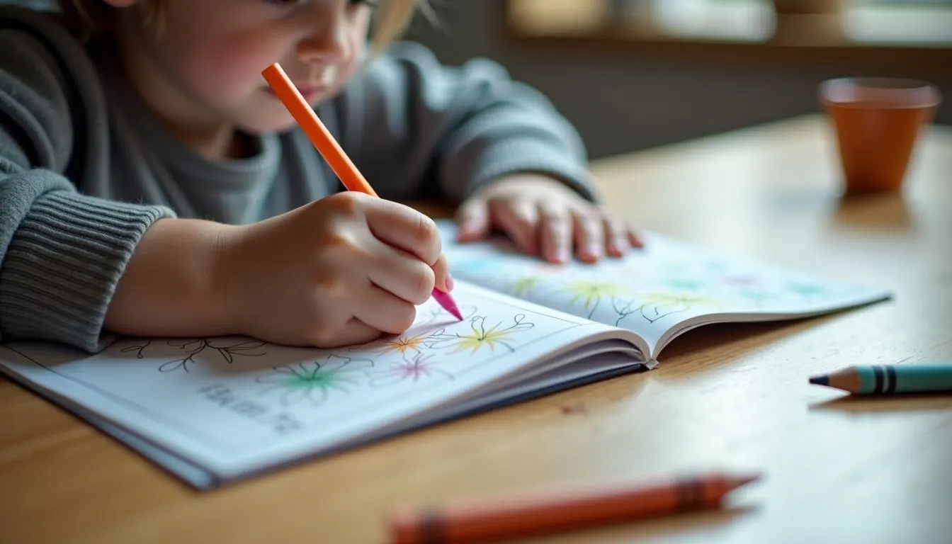 A child is coloring in a coloring book on a wooden table surrounded by scattered crayons.