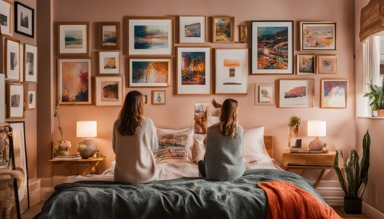 A woman in her 30s arranges a vibrant gallery wall in her bedroom with various sizes of frames and artworks. A woman in her 30s arranges a vibrant gallery wall in her bedroom with various sizes of frames and artworks.