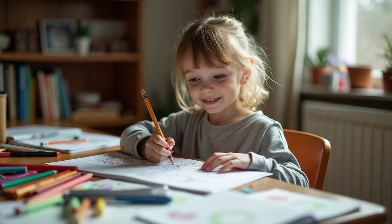 A young child is sitting at a table, happily coloring in coloring books with various drawing tools.