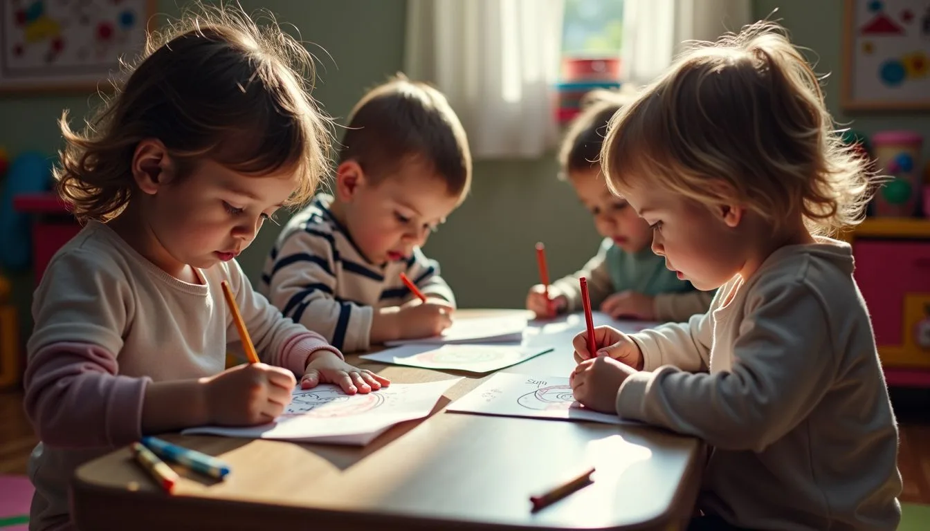 Children sitting at a small table, coloring in books, surrounded by toys in a cozy room.