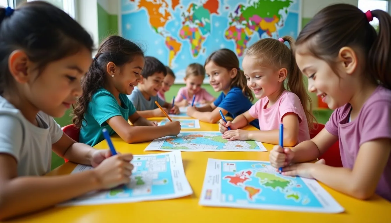 A group of elementary school children happily coloring geography-themed books at a colorful classroom desk.