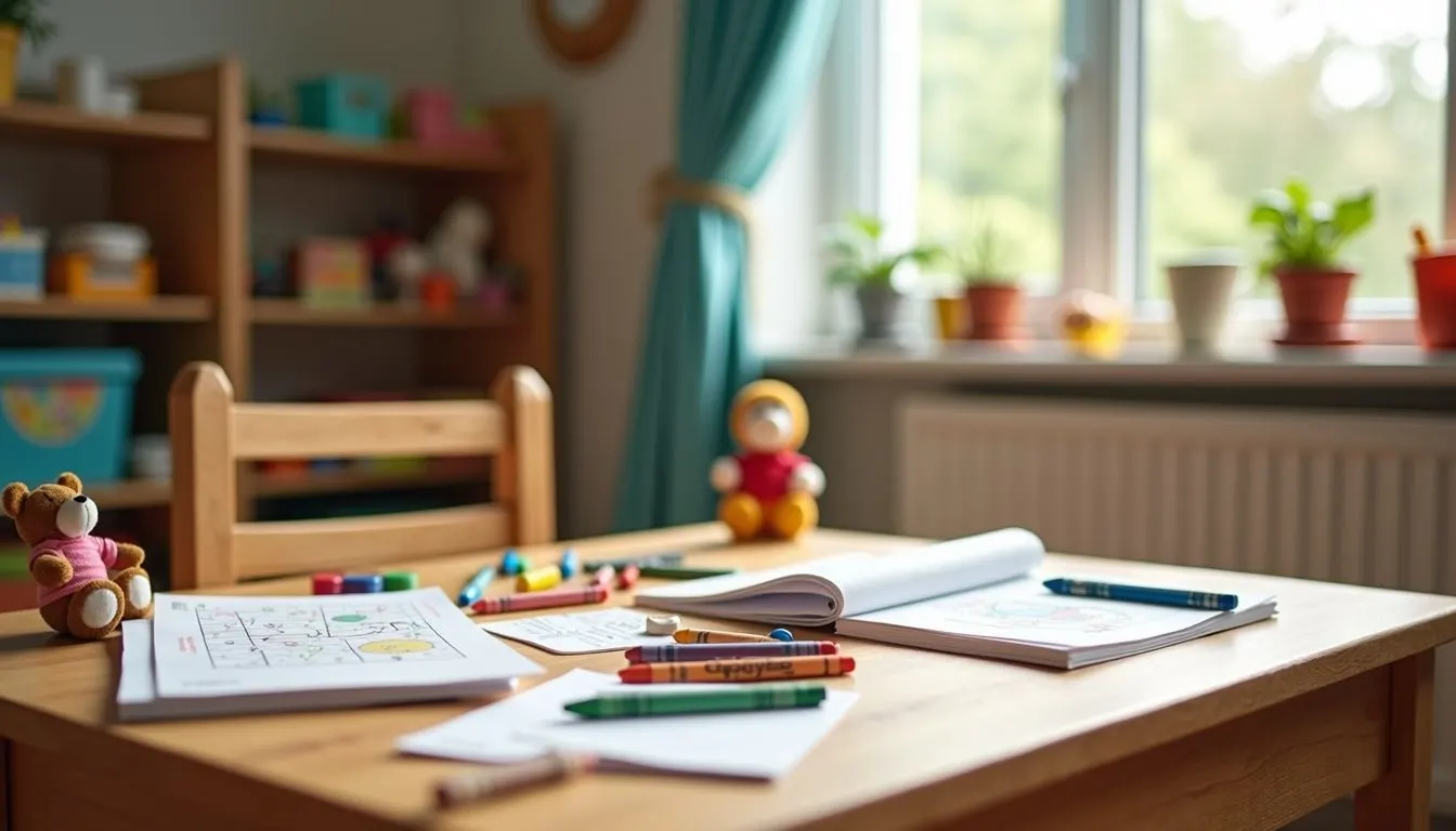 A messy, colorful children's play area with toys, coloring supplies, and books on a wooden table.