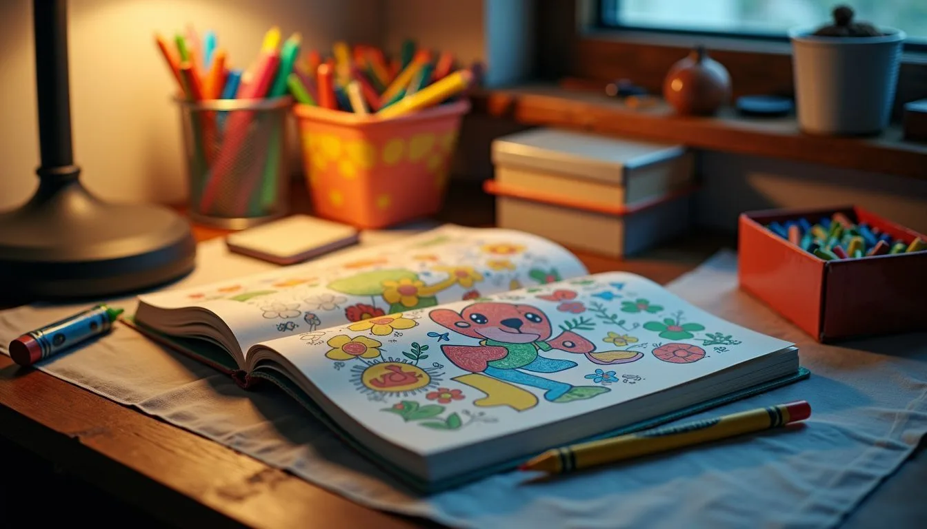A children's coloring book is open on a cluttered desk with a box of crayons.