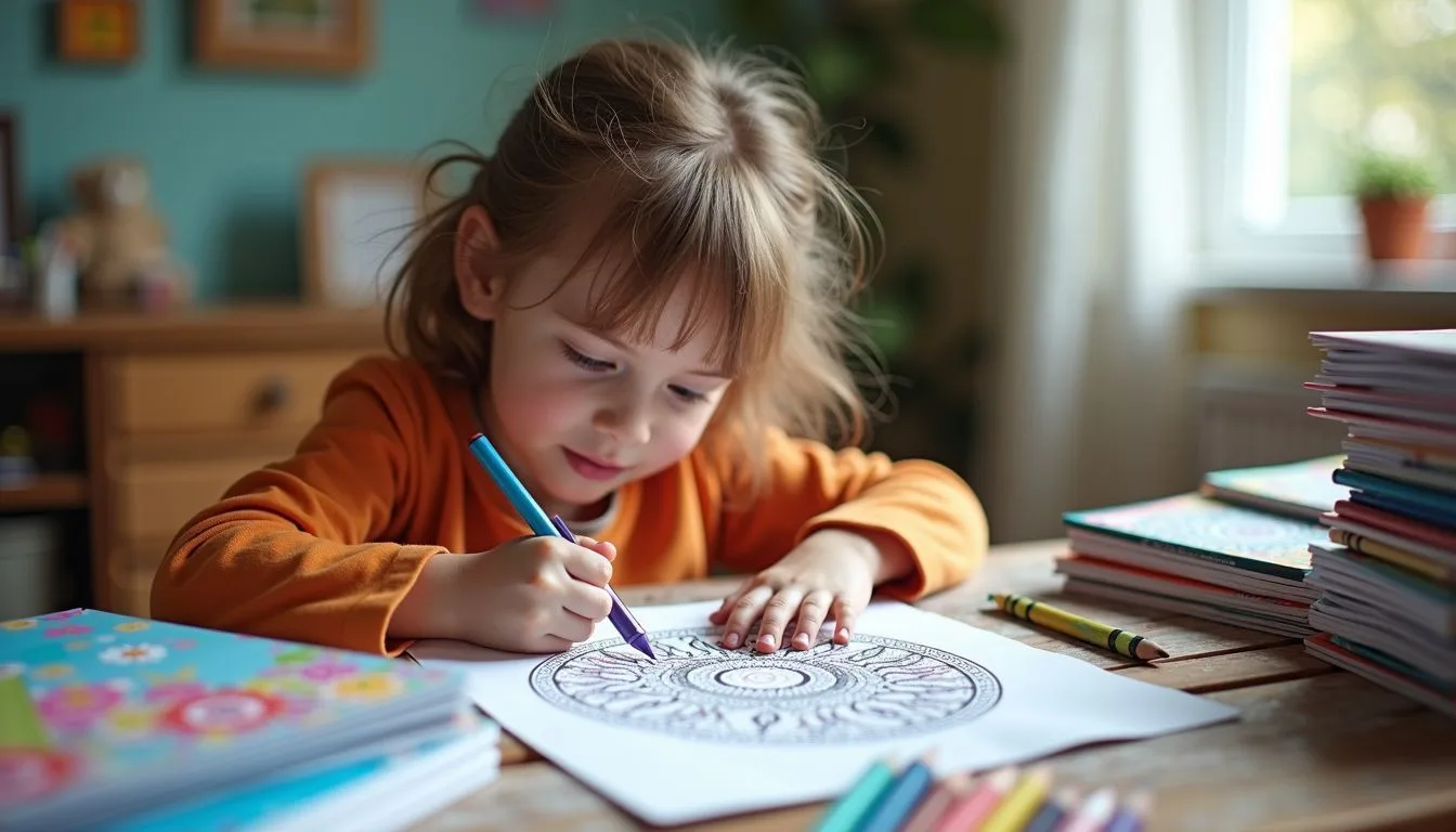 An 8-year-old child is engrossed in coloring a detailed mandala at a colorful desk.