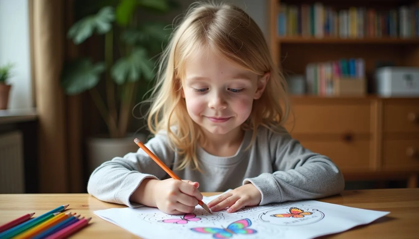 A six-year-old child is sitting at a wooden desk, coloring a butterfly scene in a coloring book with colored pencils.