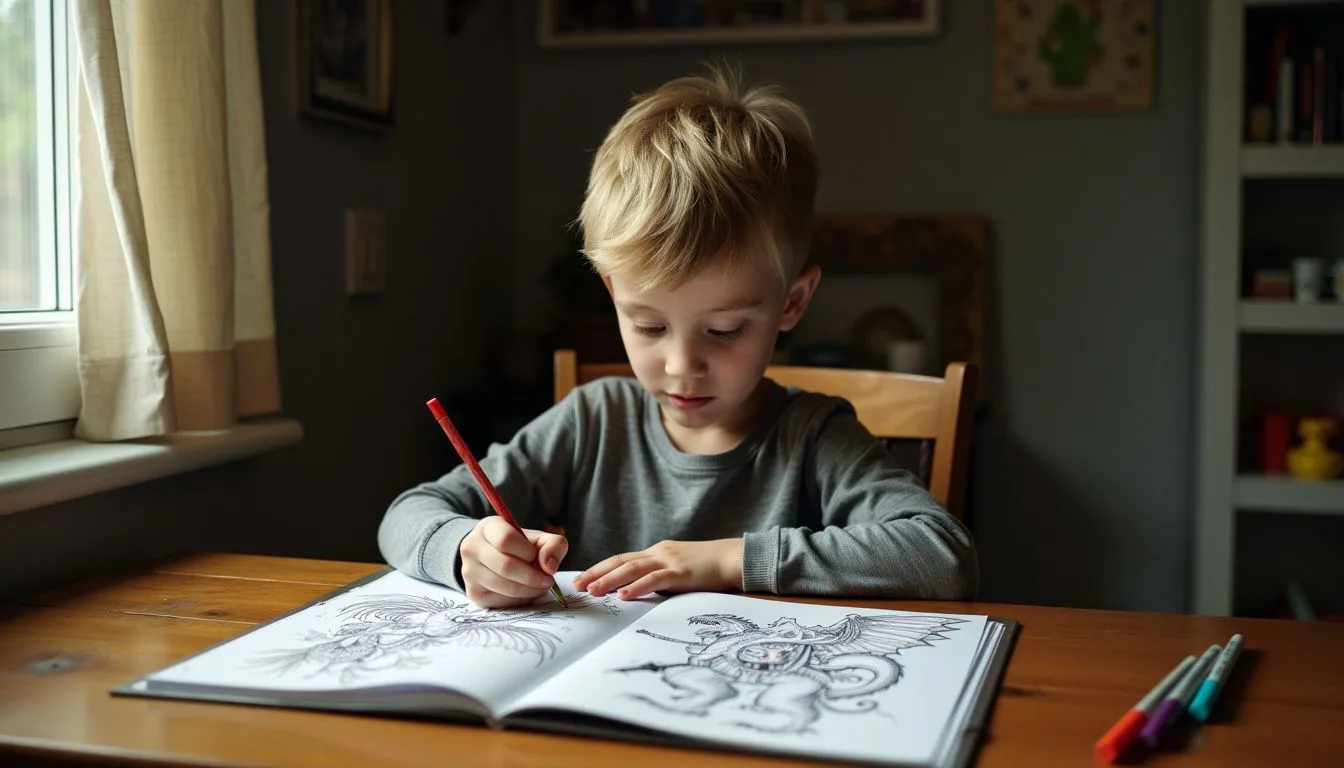 A young child is seated at a wooden desk, coloring in a playful dragon-themed coloring book.