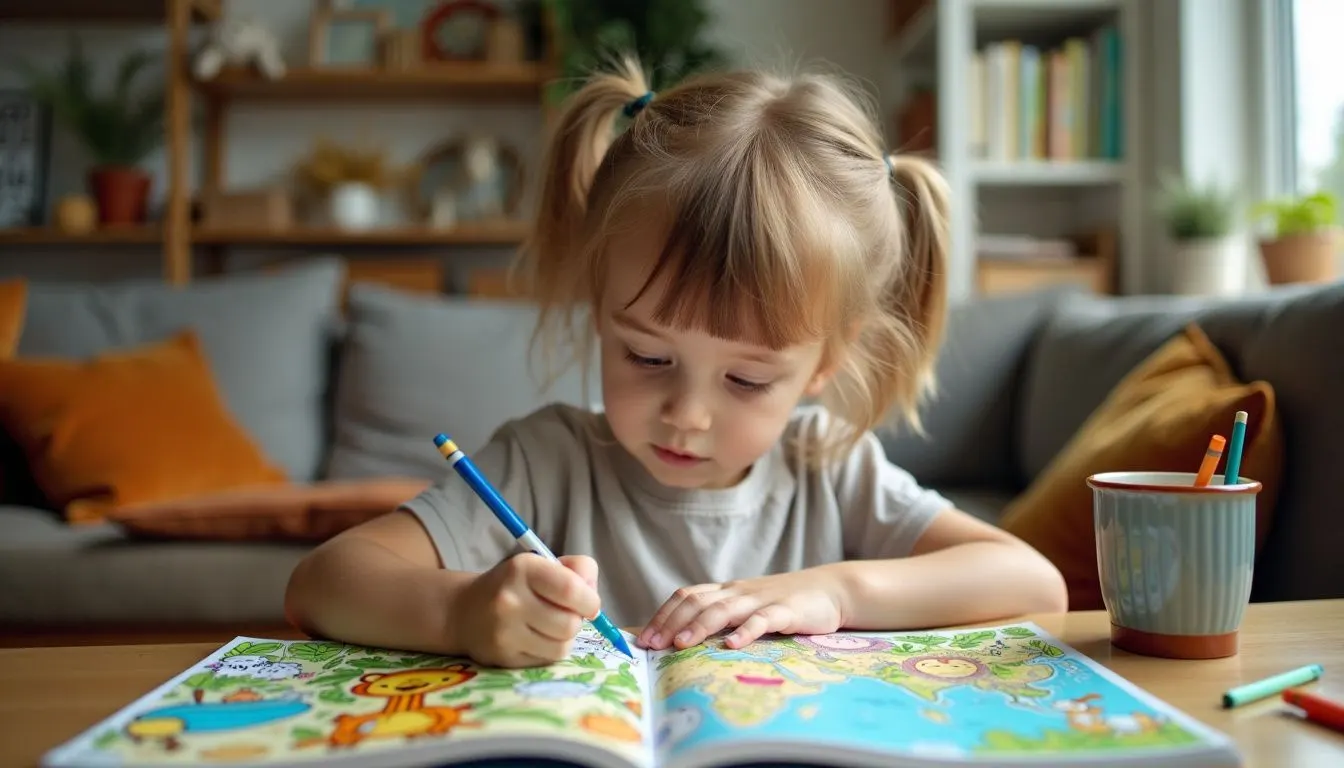A 4-year-old child colors in a zoo animal-themed coloring book in a cozy room.