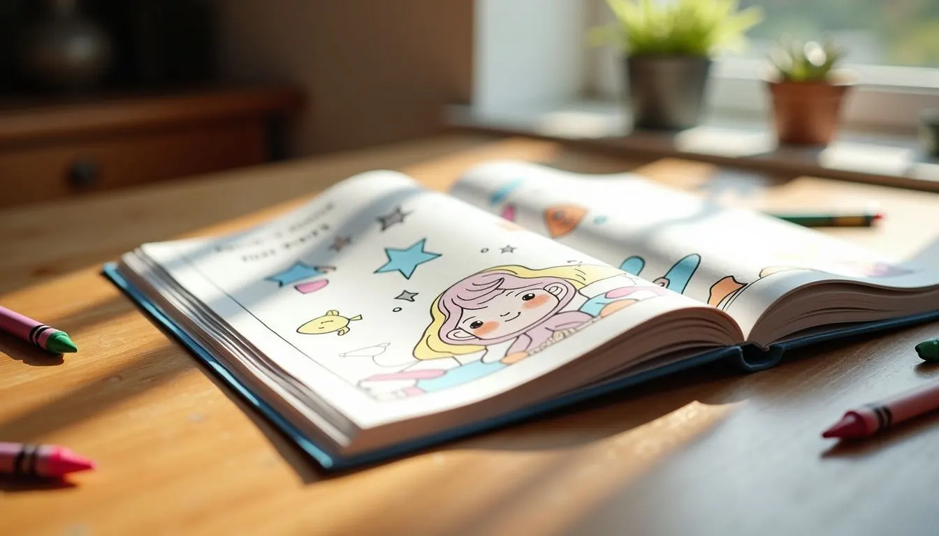 A children's coloring book with scattered crayons on a wooden table in natural light. A children's coloring book with scattered crayons on a wooden table in natural light.