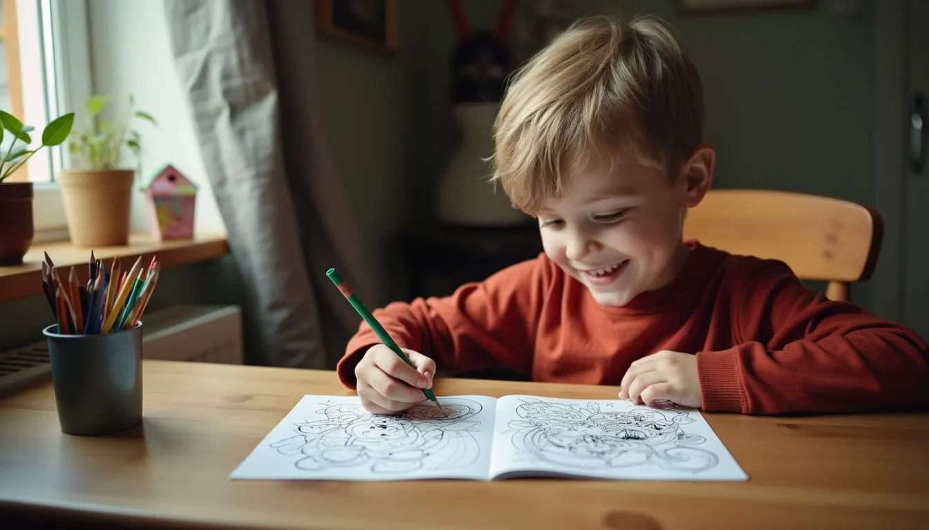A young child happily coloring in a coloring book at a wooden desk.