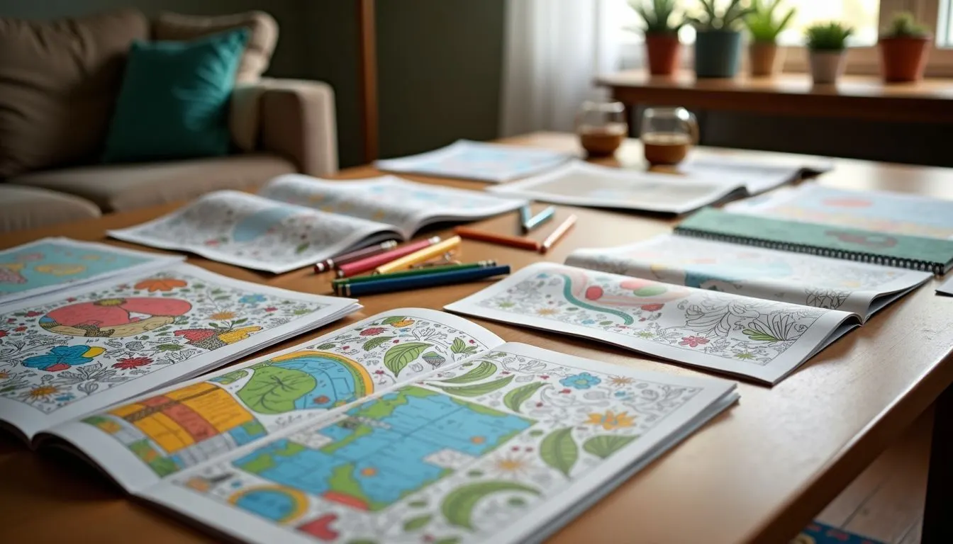 A variety of coloring books and art supplies are arranged on a wooden table in a cozy living room setting.