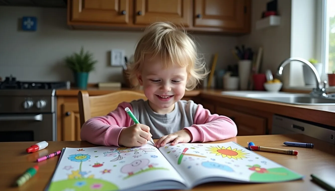 A child happily coloring in a colorful book at a cluttered kitchen table.
