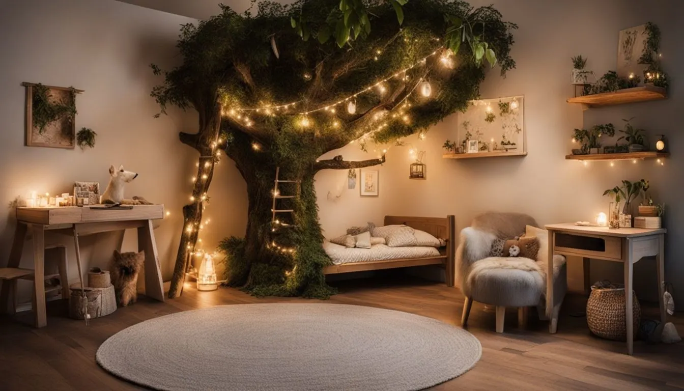 A kids' bedroom with a jungle theme, featuring a treehouse bunk bed and a cozy reading nook.