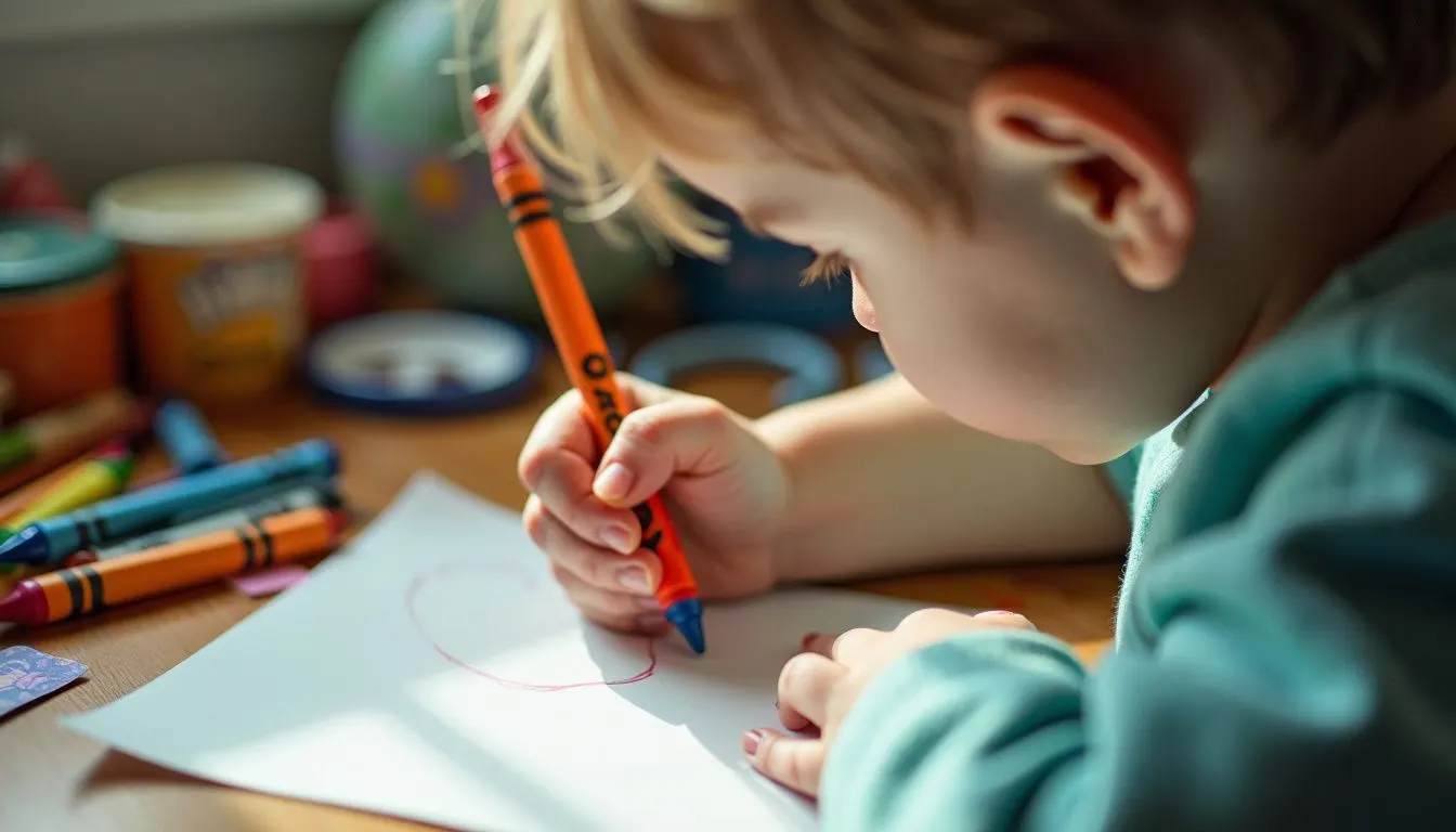 A young child holding a crayon, drawing on paper in a cozy, cluttered room.