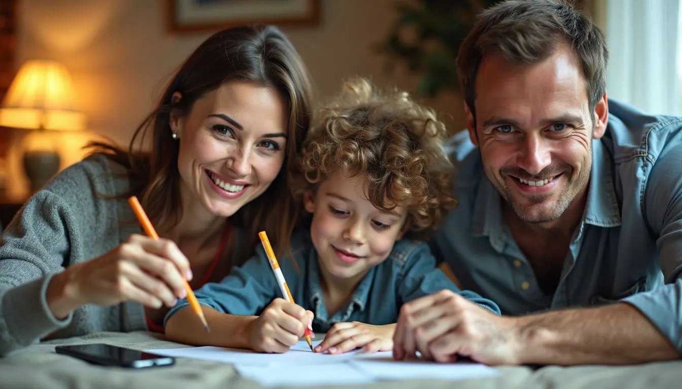 A family of four enjoys a cozy, everyday moment in their living room.