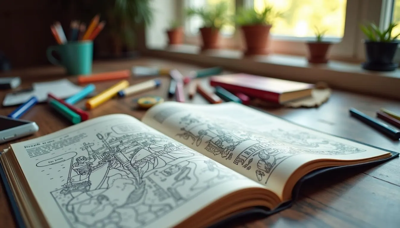 A well-used coloring book with scattered art supplies open on a messy desk.