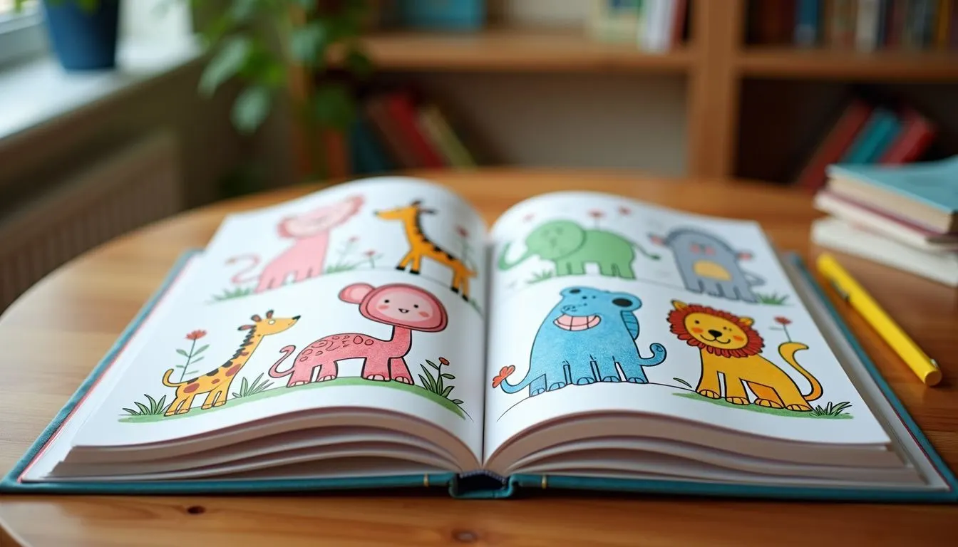 An open educational coloring book with colorful animal illustrations on a wooden table in a cozy study room. An open educational coloring book with colorful animal illustrations on a wooden table in a cozy study room.