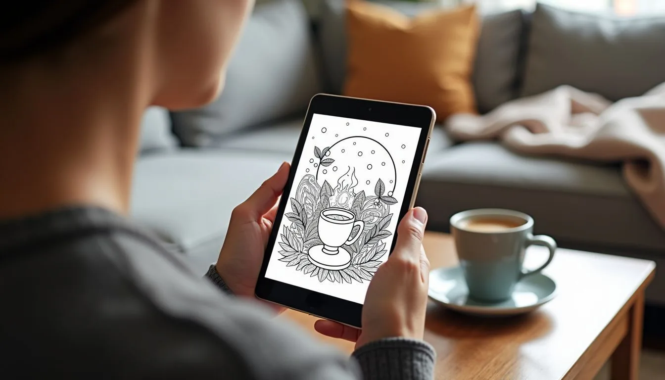 A digital coloring page of a cozy living room scene with muted colors on a tablet screen. A digital coloring page of a cozy living room scene with muted colors on a tablet screen.