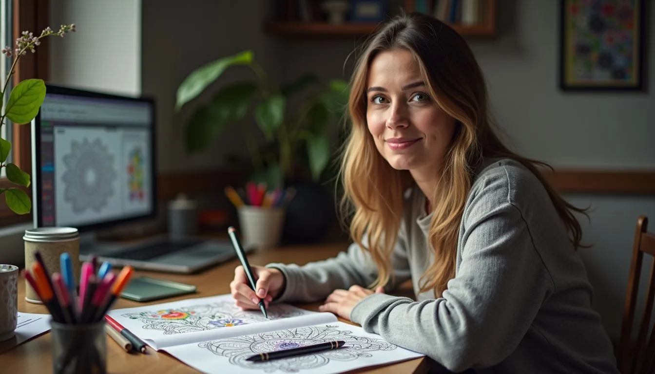 A woman sits at a cluttered desk with coloring supplies, creating a cozy and relaxed atmosphere. A woman sits at a cluttered desk with coloring supplies, creating a cozy and relaxed atmosphere.