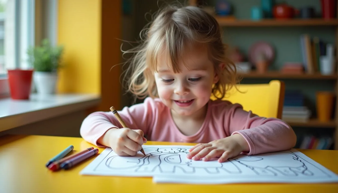 A 5-year-old child happily coloring a cheerful elephant in a warmly lit room.
