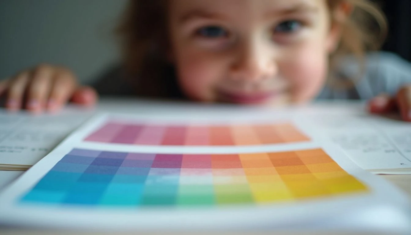 A close-up photo of a color swatch test on thick paper with vibrant colors blending seamlessly.