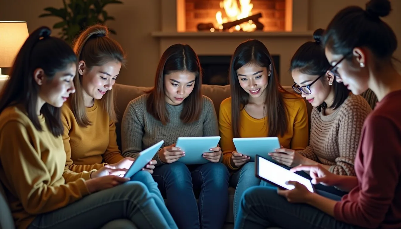 A diverse group of adults enjoying digital coloring books in a cozy living room.