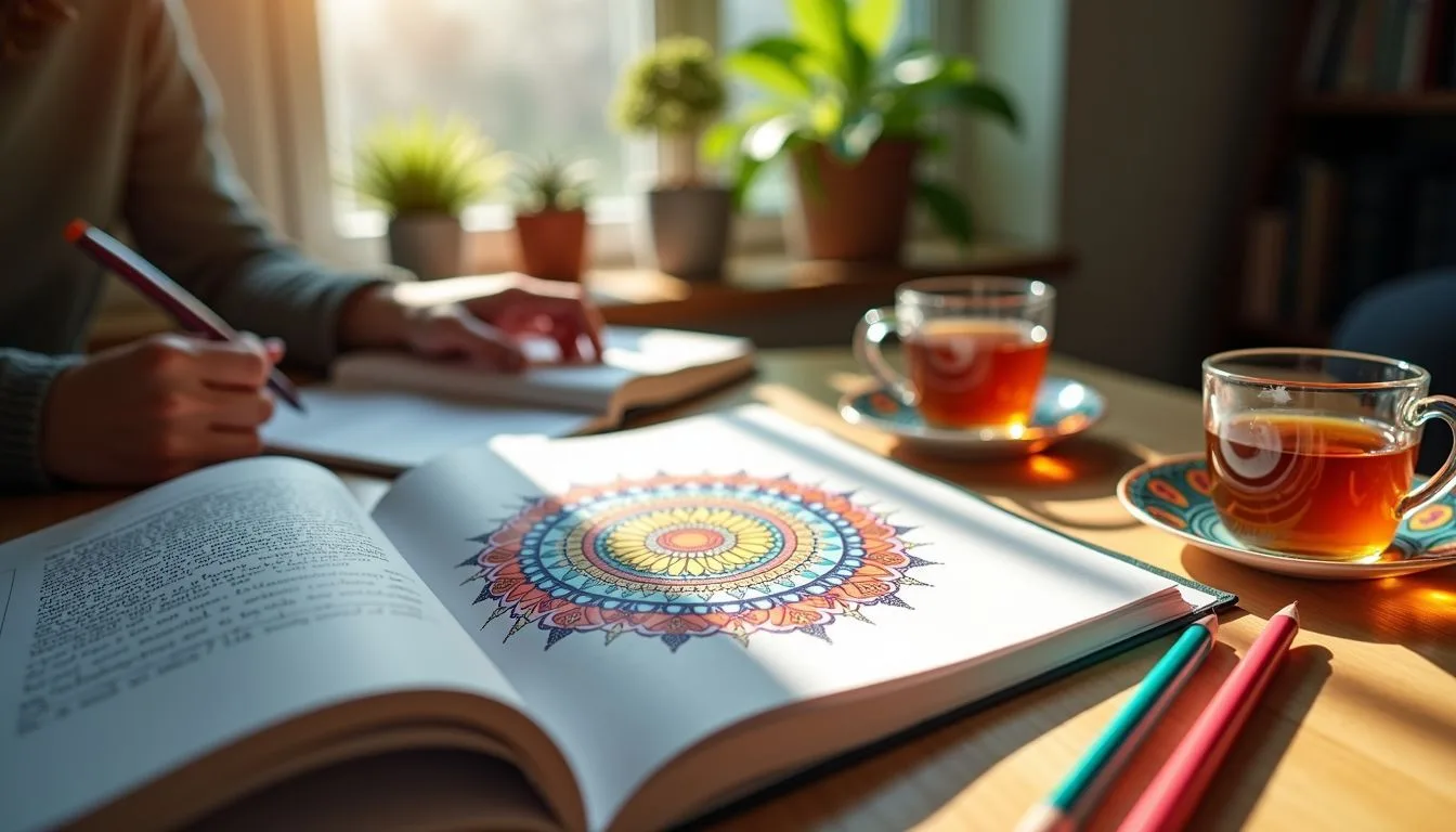 A cozy home office desk with a mandala coloring book, colored pencils, and herbal tea, with a person coloring.