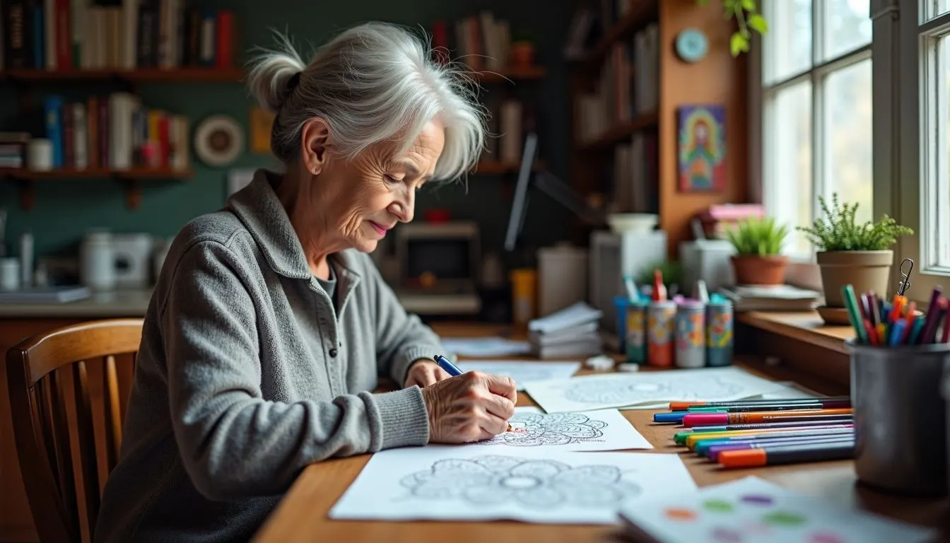 An elderly woman is sitting at a cluttered desk, coloring with gel pens in a cozy home office. An elderly woman is sitting at a cluttered desk, coloring with gel pens in a cozy home office.