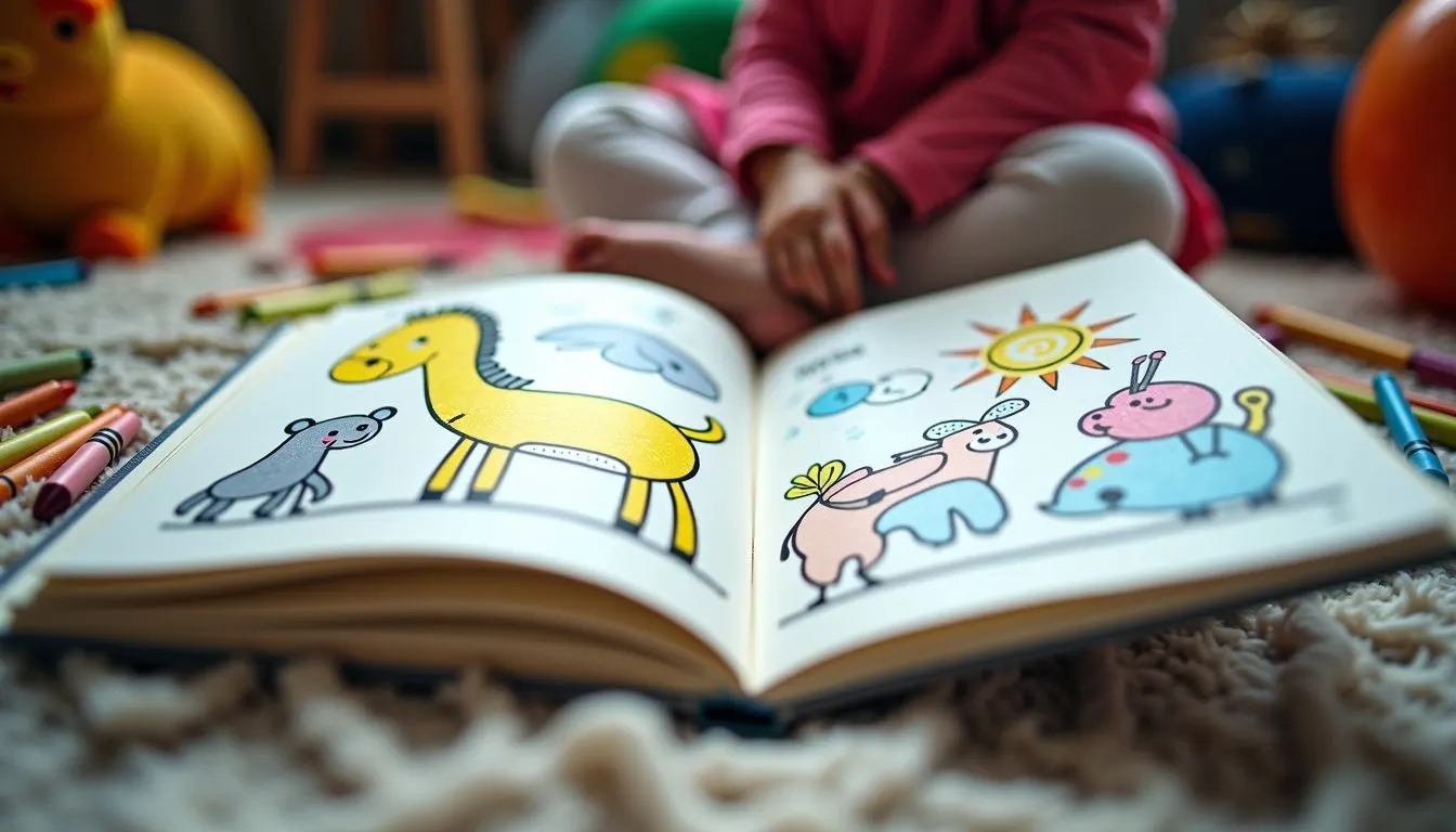 A child's coloring book page surrounded by toys and crayons in a messy bedroom.