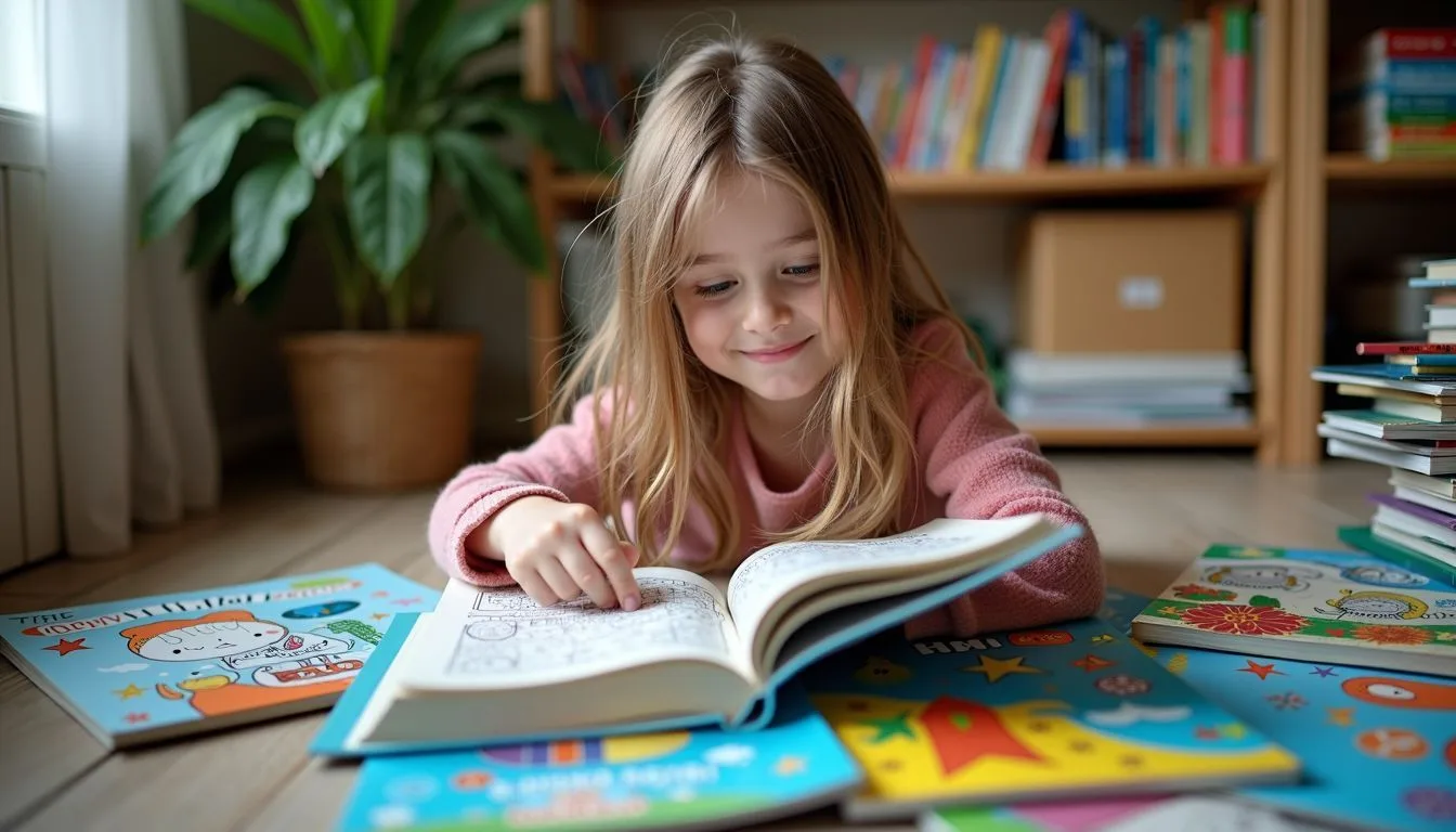 A 10-year-old girl happily surrounded by piles of colorful coloring books in her cozy room.
