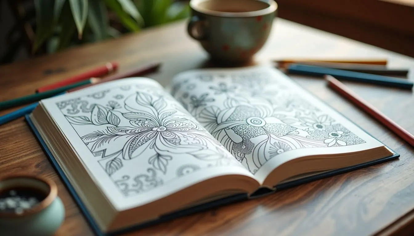 A coloring book and colored pencils on a wooden table in soft natural light.