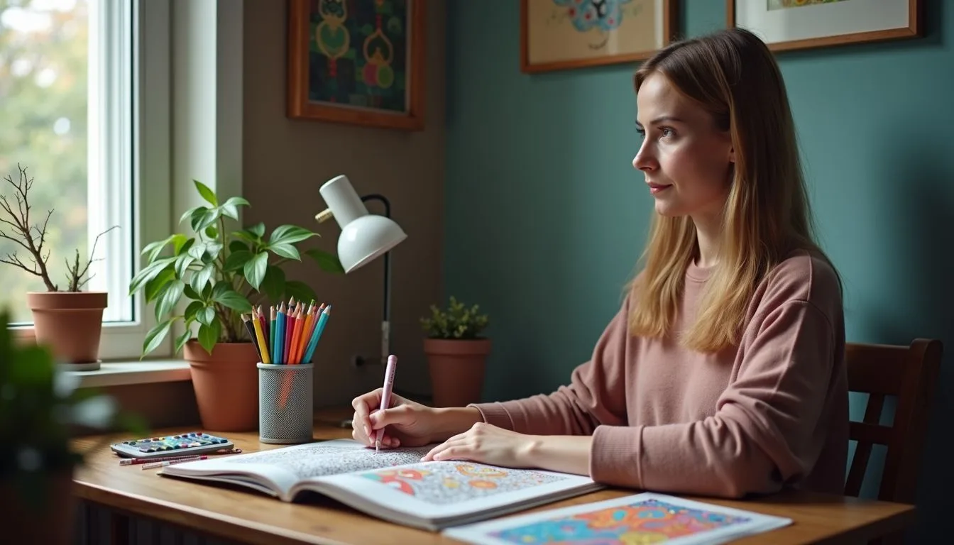 A person sitting at a cozy desk, coloring in an adult coloring book with colored pencils.