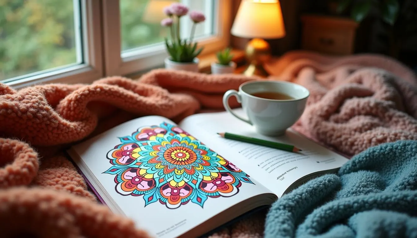A cozy corner with a mandala coloring book, tea, and soft blankets for a comforting atmosphere.