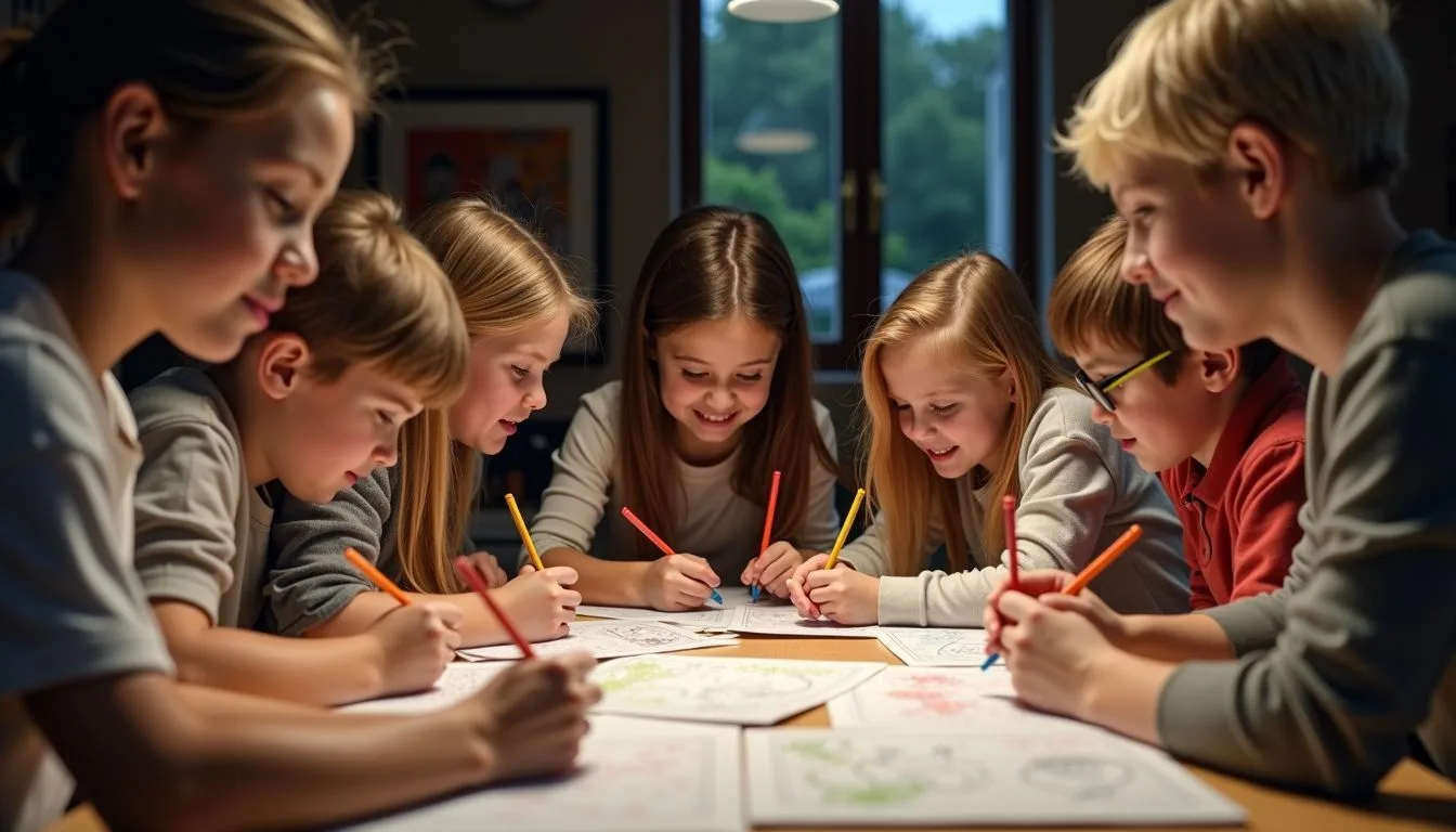 A diverse group of people of various ages gathered around a large table, focused on coloring books. A diverse group of people of various ages gathered around a large table, focused on coloring books.